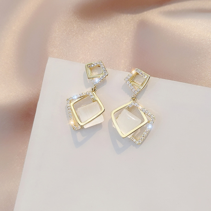 925银针几何菱形耳环方块猫眼石