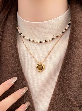 轻奢高级复古爱心虎眼石叠戴项链