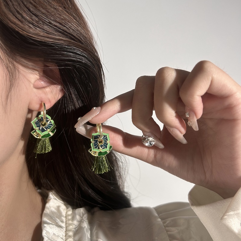 新中式复古绿色流苏耳环耳圈