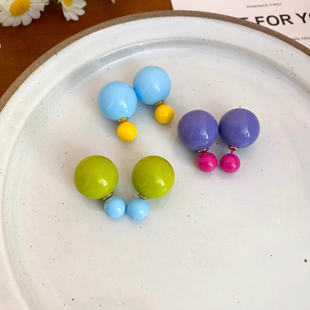 彩色多巴胺撞色彩球前后戴耳钉女款ins小巧耳饰2025新款夏季耳环