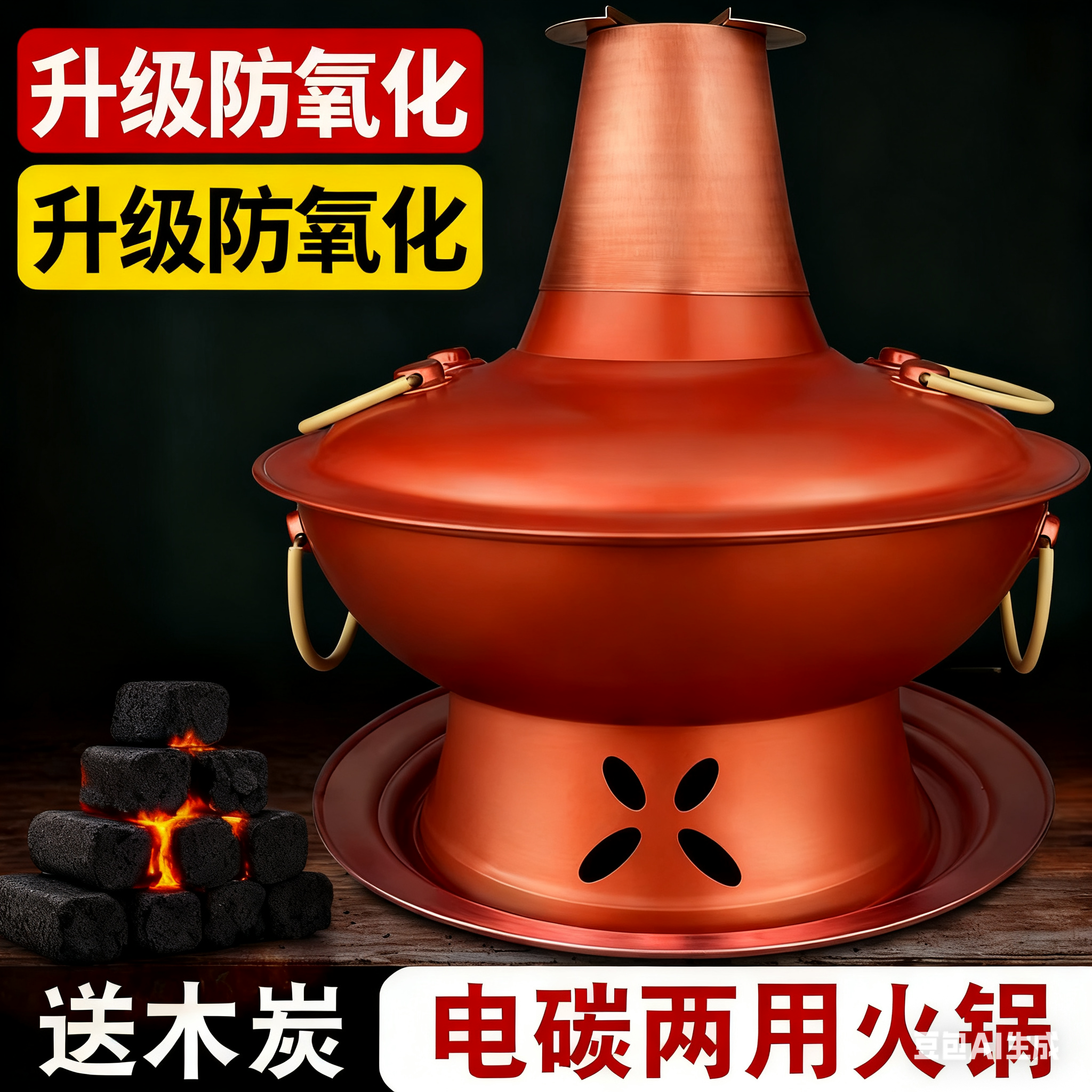 佟记复古铜火锅纯紫铜加厚家用插电两用木炭老式炉老北京鸳鸯铜锅