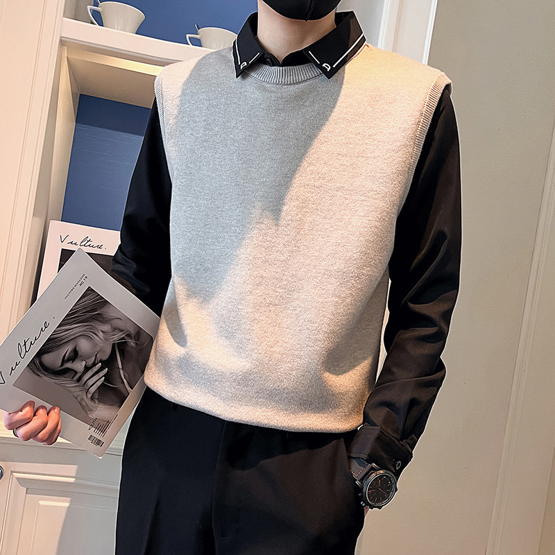 秋冬季毛衣男圆领假两件潮流百搭刺绣衬衫领针织衫     CM205-P75图片
