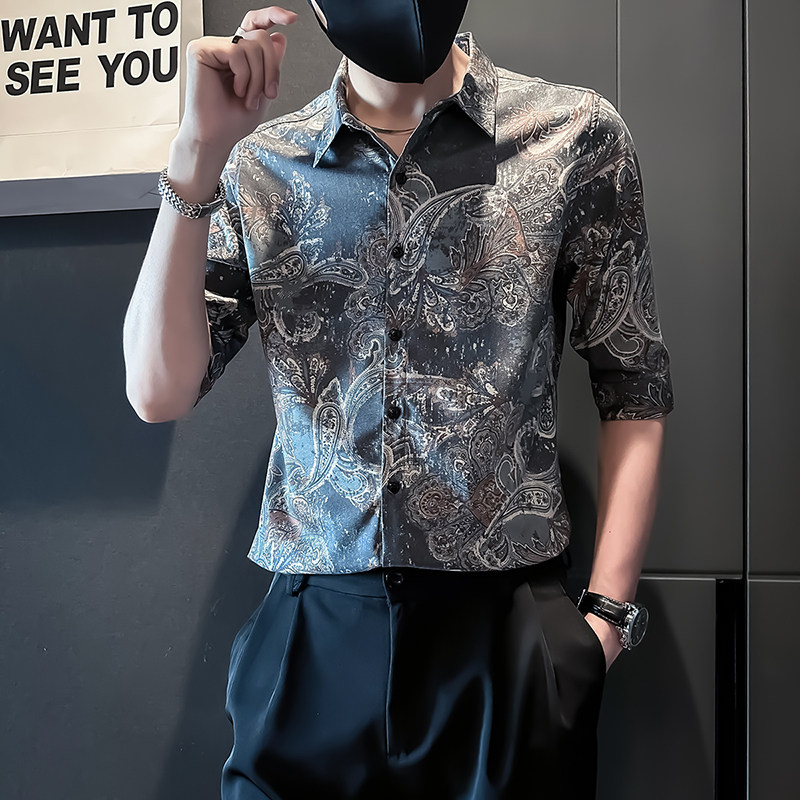 男士七分袖衬衫男潮流修身民族风腰果花中袖衬衣A368-CS310-P65,男装民族服装,电商A368