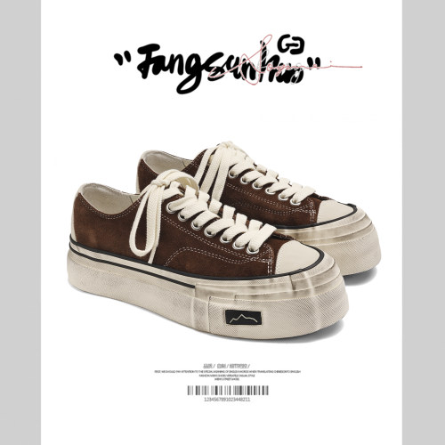 方三火春反绒皮厚底增高硫化板鞋