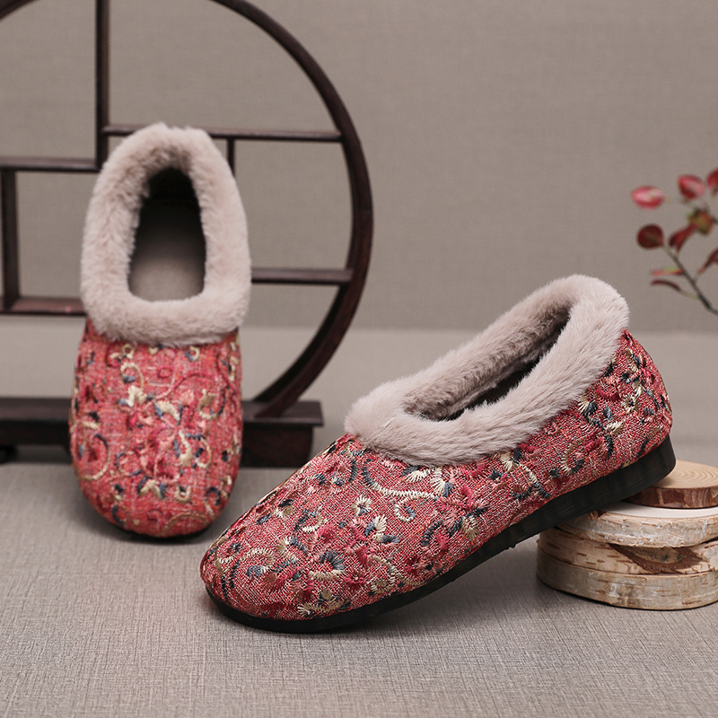 老北京布鞋冬季包跟加绒防滑棉拖