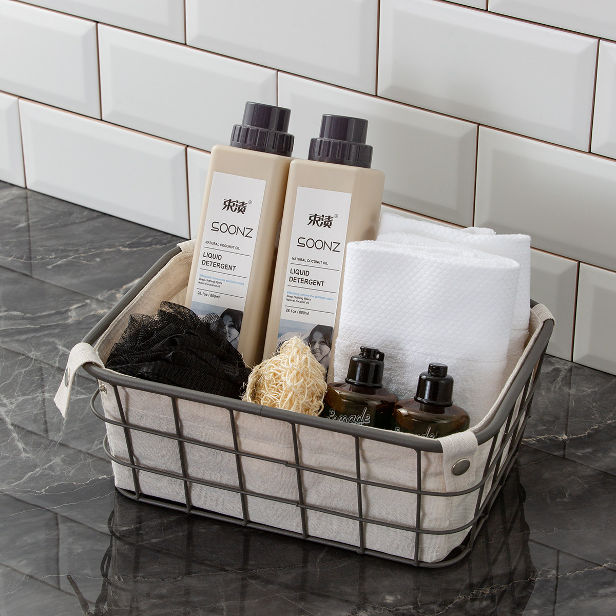 样板间卫生间软装饰品布艺置物篮毛巾沐浴用品沐浴球洗衣液小摆件,家居饰品,装饰摆件,淘宝优惠券,粉丝福利购,淘宝优惠卷