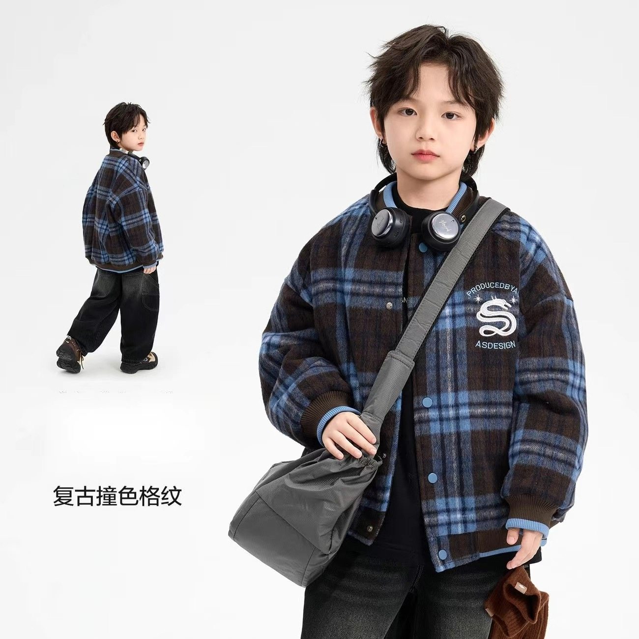 男童冬季韩范毛呢格子运动棒球棉服2025新款儿童男孩加厚棉衣外套