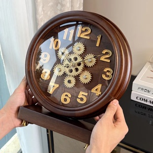 摆件 齿轮机械时钟表摆台式 客厅复古实木座钟2025新款 轻奢高级欧式