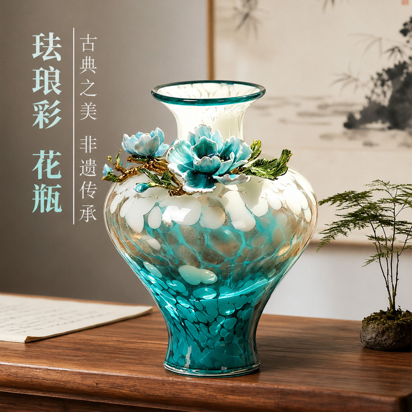 珐琅彩工艺！新中式轻奢玻璃花瓶