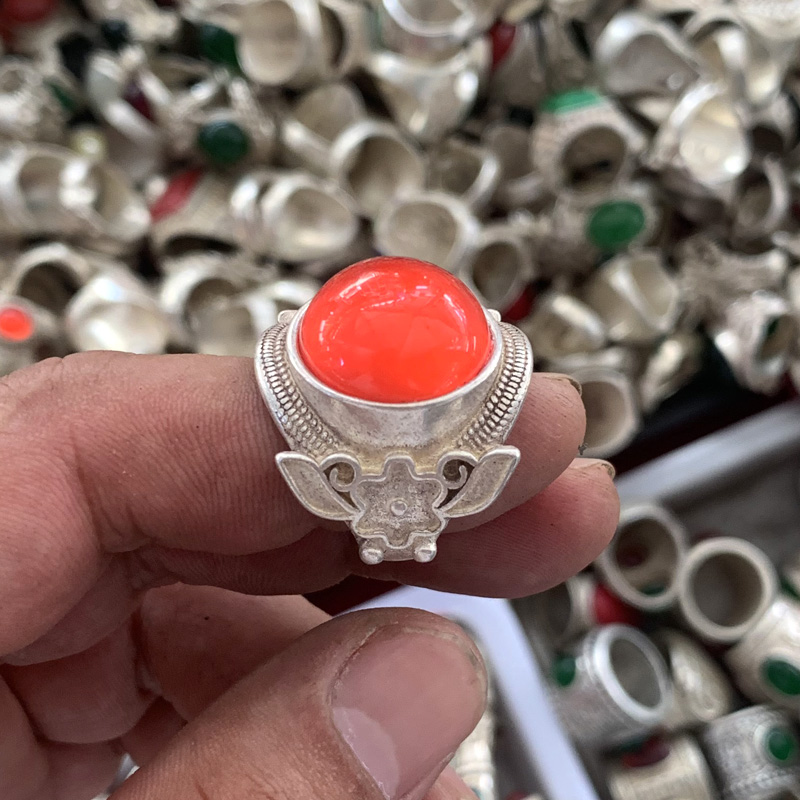 仿古藏银扳指 红色玛瑙圆形宝石民族银饰戒指 复古