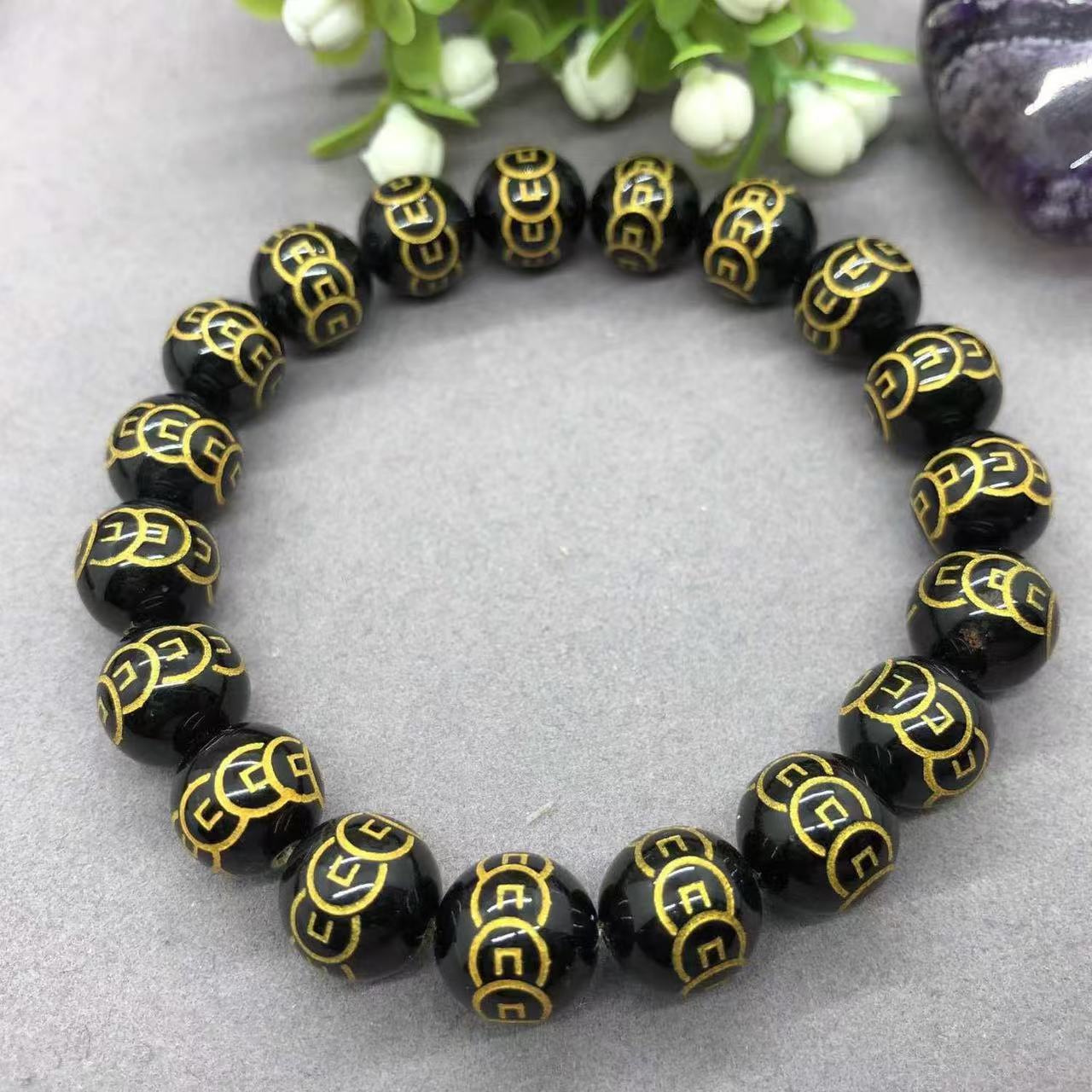 天然黑色玛瑙手链铜钱珠子 黑色玛瑙圆珠手链