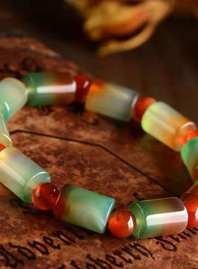 天然孔雀玛瑙圆柱珠手链 红玛瑙玉髓手链桶珠手链