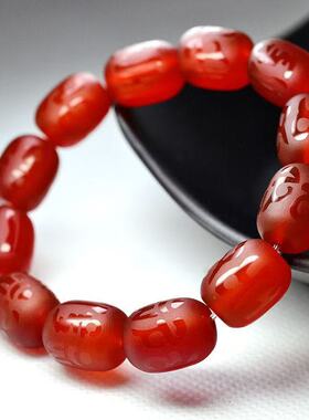 天然红玛瑙桶珠手链六字真言磨砂珠手链 精美礼品