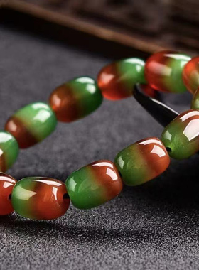 天然孔雀玛瑙桶珠手链冰种玉髓老型珠手链 情侣款