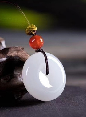 天然金丝玉白玉平安扣吊坠 男女扣情侣款玉坠 挂件项链