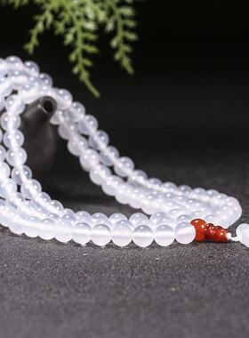 天然玉髓冰透白玛瑙手链佛珠108颗多圈手串真玉石玛瑙项链