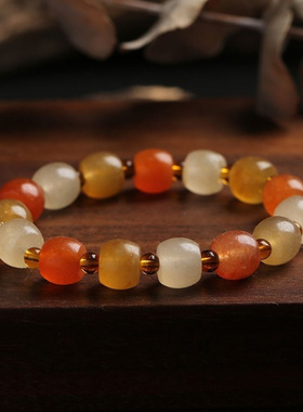 五彩金丝玉手链 天然石英岩玉手链 桶珠款式石榴石配珠