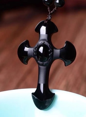 天然黑曜石十字架吊坠玉石 男女款挂坠项链时尚挂件礼物