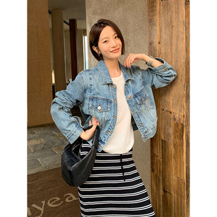 女新款 翻领短款 休闲夹克 MIND复古做旧水洗牛仔外套2026春季 THE