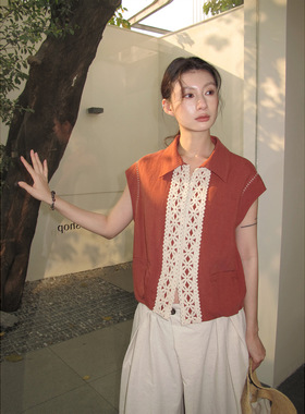 NEIHE内赫春夏新款天丝苎麻刺绣复古民族风圆领短袖马甲女短上衣