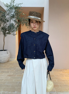 NEIHE内赫2026春季新款牛仔拼条贴布短外套女开衫短款简约上衣