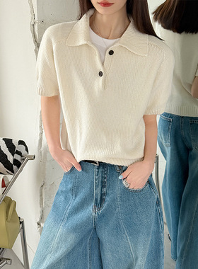 2026春季新款韩系简约Polo领针织衫气质叠穿显瘦短袖毛衣女上衣