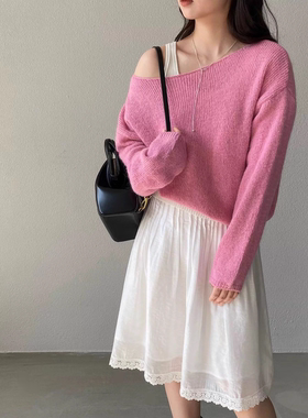 2026新款树莓粉色灯笼袖圆领套头针织衫女韩系早春宽松慵懒风上衣