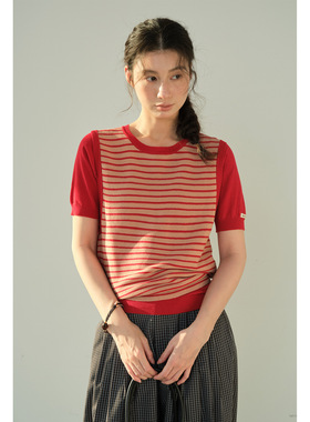 NEIHE内赫2026早春新款亚麻混纺黑白条纹针织短袖打底T恤女上衣