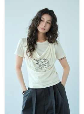 NEIHE内赫2026年新款棉麻天丝荡领印花正肩短袖T恤女夏季上衣