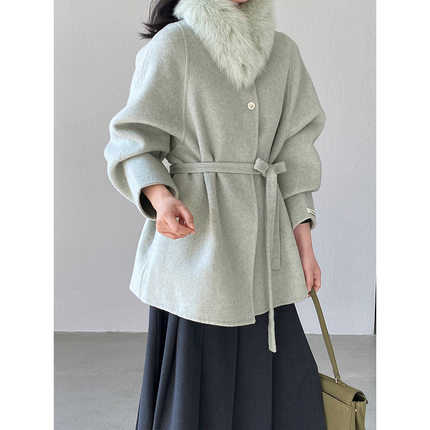 江左新年大衣可拆狐狸毛领中长款100羊毛双面呢外套女冬新款上衣