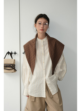 NIEHE内赫2026新款加撞色披肩立领条纹女式衬衫春季新款衬衣小衫