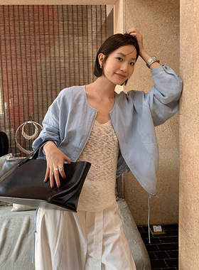 THE MIND天丝亚麻短款外套女2026春季新款韩系简约纯色拉链夹克