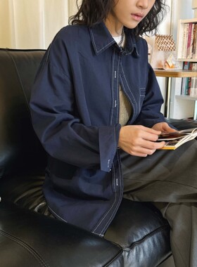 叙漫春夏新款韩版工装风明线拼接纽扣仿牛仔衬衫大口袋宽松上衣女