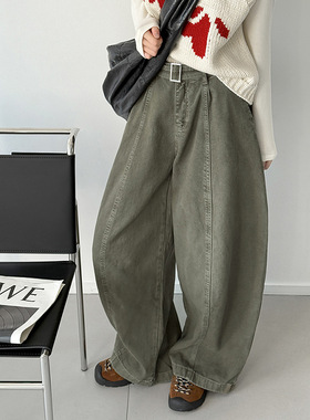 2026春季新款复古腰带阔腿牛仔裤女士设计感高腰宽松显瘦休闲裤