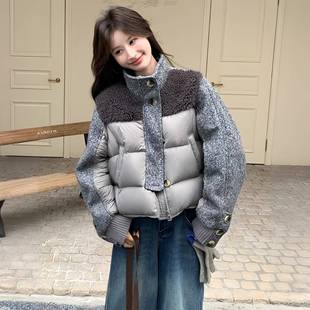 胖mm灰色加厚夹棉外套 设计感羊羔毛拼接棉服女冬季 300斤大码 女装