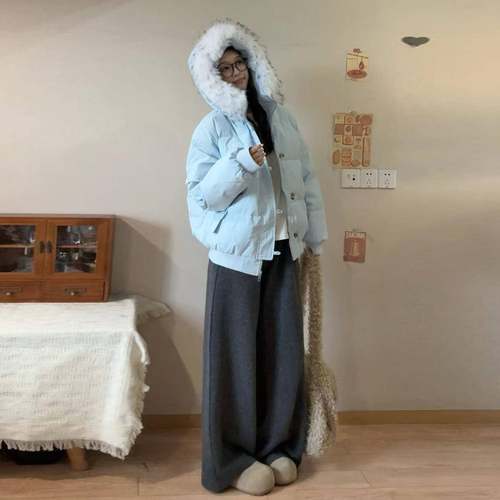 300斤大码女装胖mm韩系蓝色羽绒棉服女宽松显瘦保暖加厚毛领外套