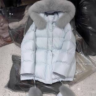 保暖设计感超好看外套 新款 胖mm女装 韩系浅蓝色加厚连帽棉服女冬季