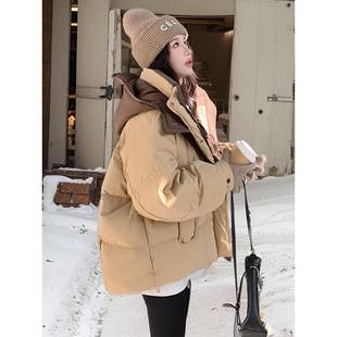 胖mm特大码 拼色设计减龄百搭面包服 卡其色加厚保暖棉服上衣女韩版