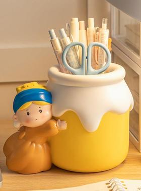创意可爱戴珍珠耳环的少女笔筒收纳盒摆件办公室桌面装饰生日礼物