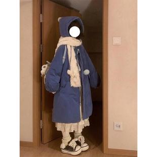 牛仔蓝加厚长款 胖mm学院风连帽棉服女冬季 保暖面包服外套 女装 大码