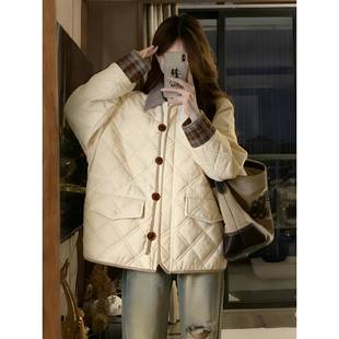 加厚保暖单排扣棉服上衣 米白色慵懒风二棉外套女冬季 胖mm大码 女装
