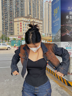 宽松欧美辣妹外套潮流百搭时尚 你伍老板娘 复古水洗做旧磨黄短款