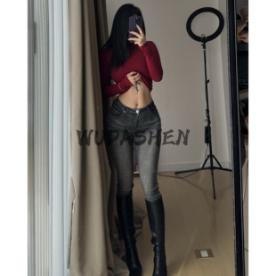 丰胯灰色牛仔高腰紧身裤 你伍老板娘