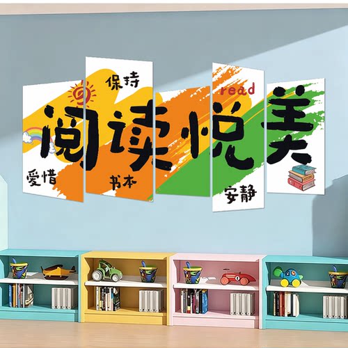 儿童房阅读区布置读书角装饰文化墙贴幼儿园教室绘本馆背景墙贴