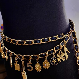 皮绳编制香腰链毛衣链套装包包中古款夸张青岛饰品流行字母五新款