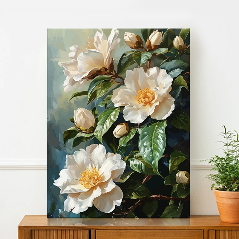 山茶花卉diy数字油画填充色无聊解闷成人手工丙烯手绘油彩装饰画图片