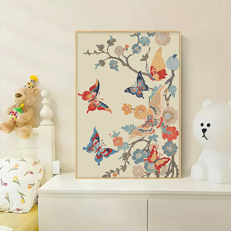 国风敦煌蝴蝶花卉数字油画diy手绘填色丙烯油彩画沙发背景装饰画图片