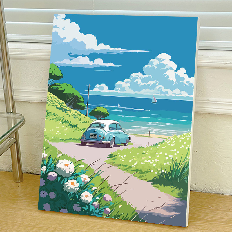 风景白云数字油画diy填色画油彩画丙烯治愈高级感纯手绘挂装饰画