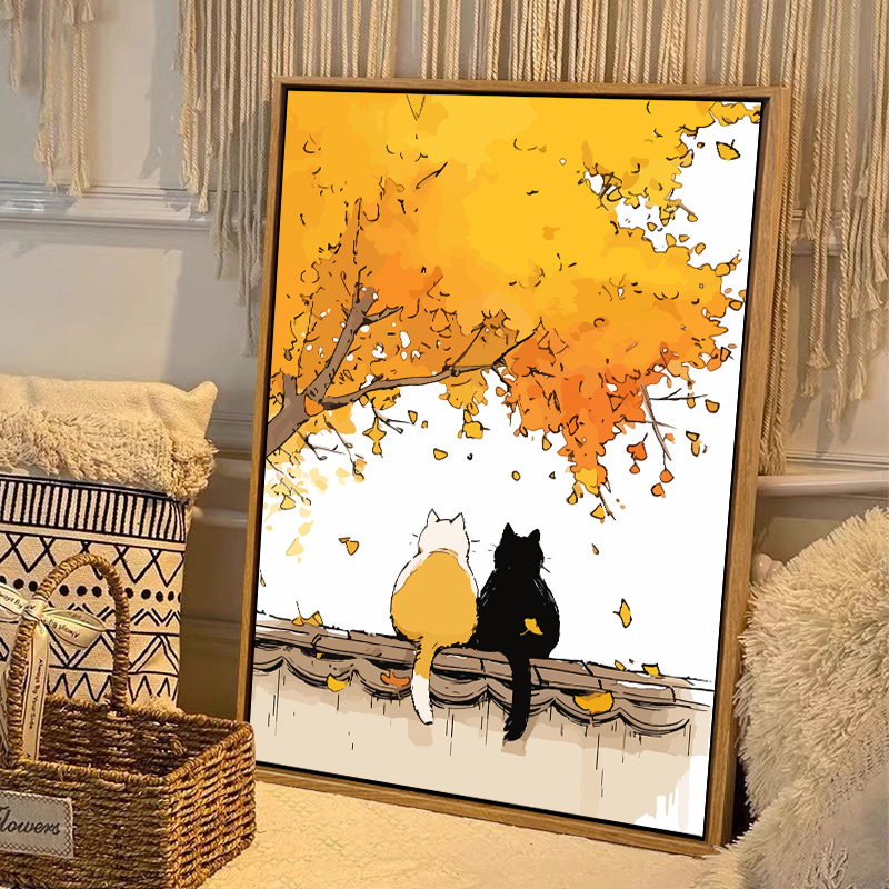 秋日猫咪数字油画diy手工填色