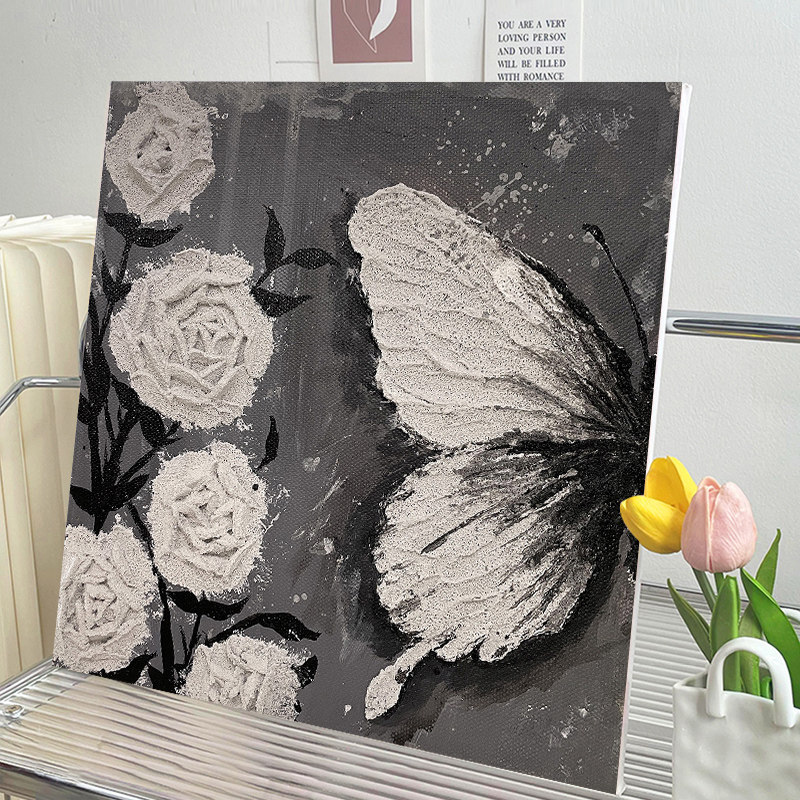 唯美蝴蝶玫瑰立体石英砂肌理画diy材料手工礼物丙烯画手绘装饰画
